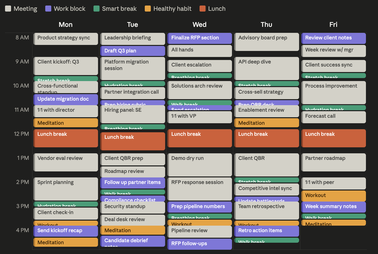 A weekly calendar view showing meetings, scheduled work blocks, smart breaks, healthy habits, and lunch